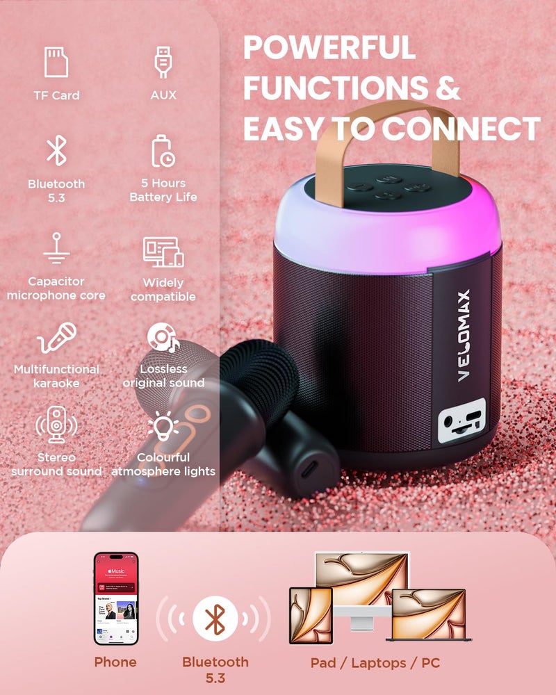 VELOMAX Karaoke Mic with Speaker for Kids, 360° Surround Sound with Ambiance Light, Wireless Mic with 5 Sound Effects, Mike for Singing with Mini Speaker, Birthday Gifts Toys(2 Microphones) - Image 5
