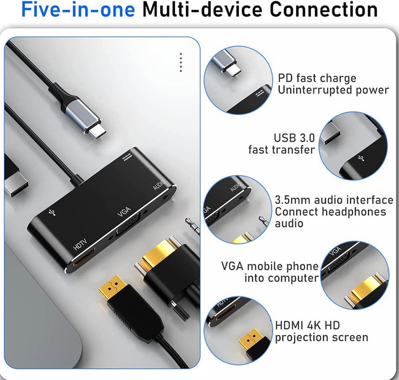 Microware USB C to 4K HDMI VGA Adapter 5 in 1 Hub USB 3.0 OTG Charging Power Supply PD Port Compatible with Mac-Book Pro/Dell XPS/Samsung Galaxy - Image 2