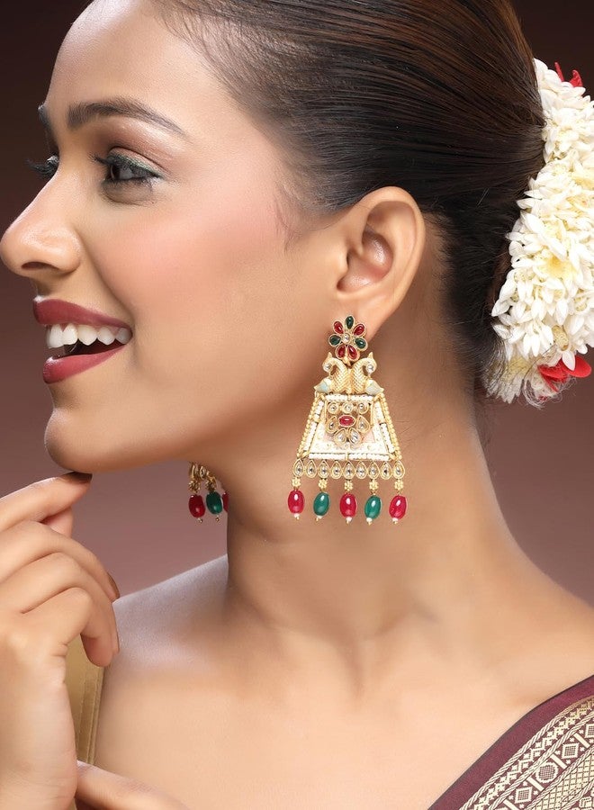 ADIVA 22K Gold-Plated Glossy Light Peach Pearls & Kundan Stone Studded Designer Drop Earrings Set for women, Traditional Stylish Jhumka for Girls Party, Wedding, Festive - Image 3
