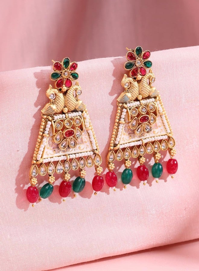 ADIVA 22K Gold-Plated Glossy Light Peach Pearls & Kundan Stone Studded Designer Drop Earrings Set for women, Traditional Stylish Jhumka for Girls Party, Wedding, Festive - Image 4