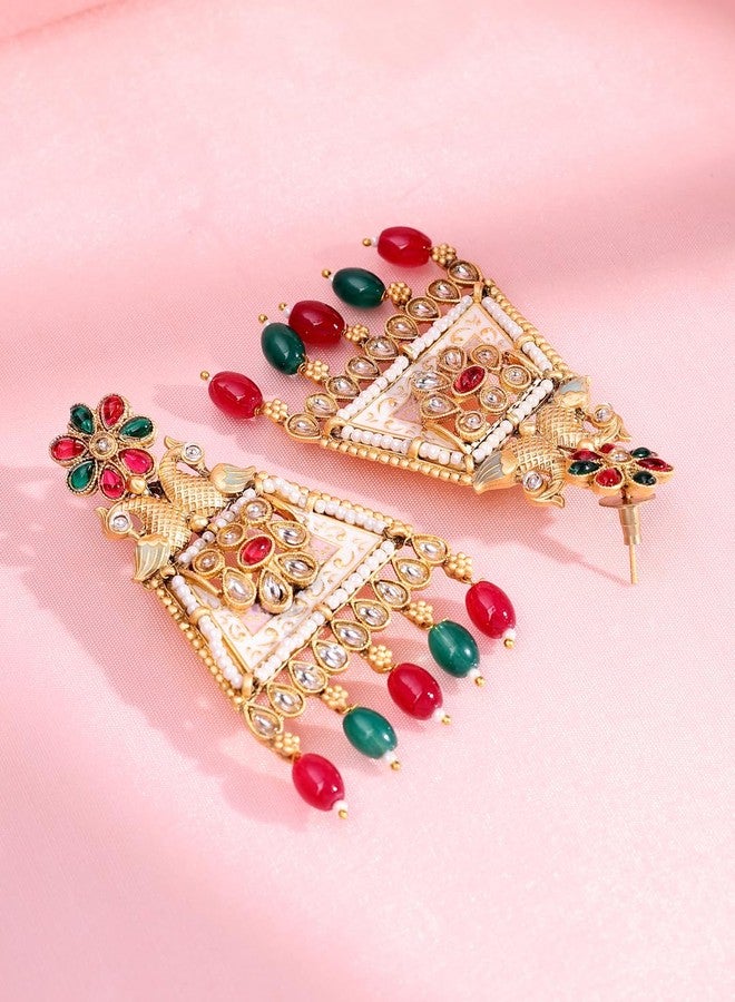 ADIVA 22K Gold-Plated Glossy Light Peach Pearls & Kundan Stone Studded Designer Drop Earrings Set for women, Traditional Stylish Jhumka for Girls Party, Wedding, Festive - Image 5