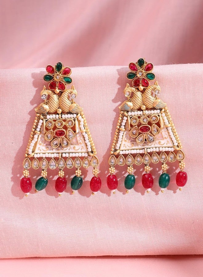ADIVA 22K Gold-Plated Glossy Light Peach Pearls & Kundan Stone Studded Designer Drop Earrings Set for women, Traditional Stylish Jhumka for Girls Party, Wedding, Festive - Image 2