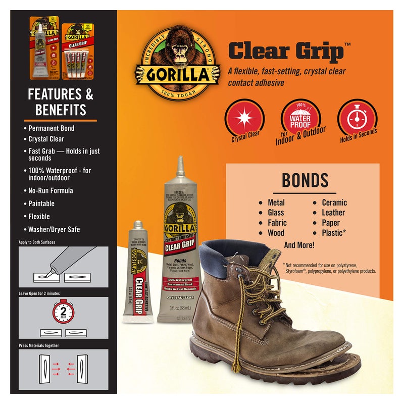 Gorilla Clear Grip Waterproof Contact Adhesive, 3 Ounce Tube, Clear, (Pack of 1) - Image 2