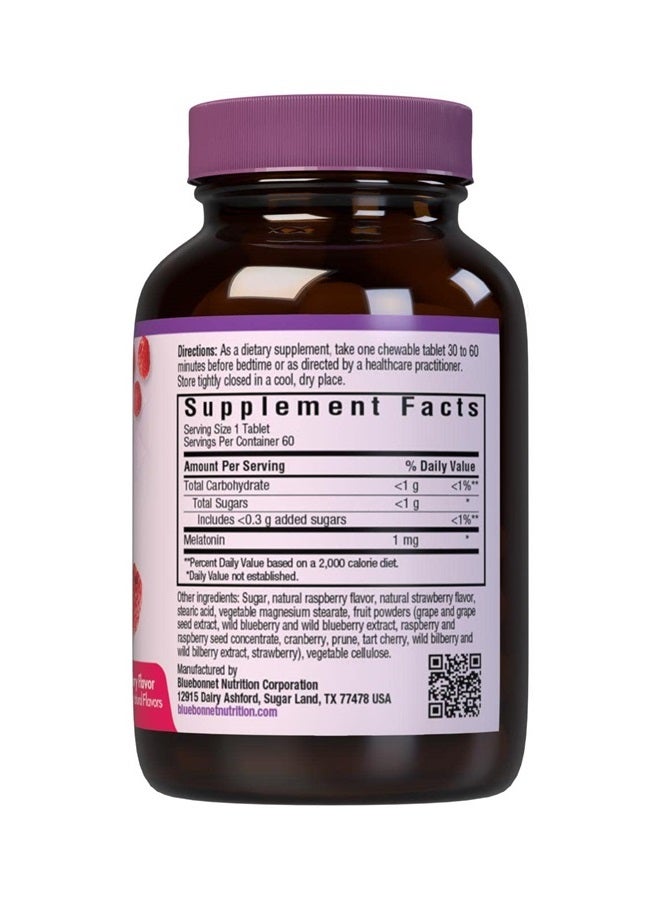Bluebonnet Nutrition EarthSweet Melatonin 1 mg Fast-Acting Quick Dissolve Nighttime Relaxation & Restful Sleep Support - Sleep Aid - Gluten-Free, Vegan - Flavor - Chewable Tablets Raspberry