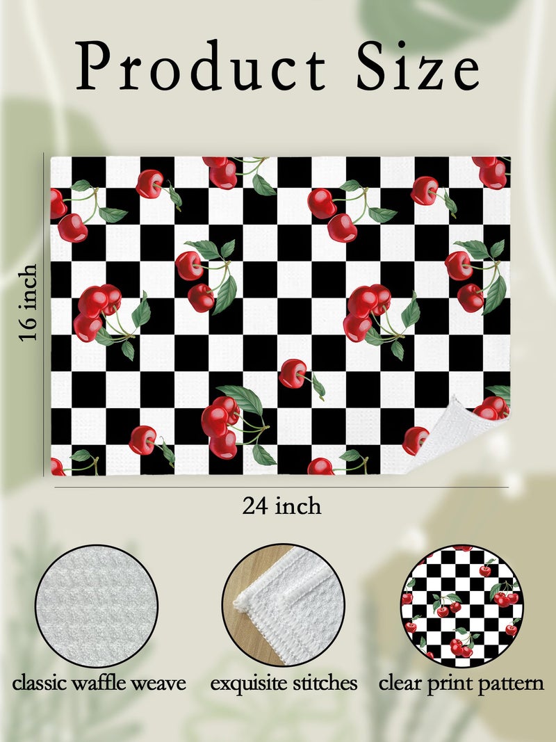 BitKan Cherry Hand Towels for Kitchen Bathroom - Retro Black and White Checkered Decorative Dish Tea Towels, Retro Plaid Cherry Kitchen Decor Accessories, Cherries Themed Housewarming Gifts New Home Idea - Image 2