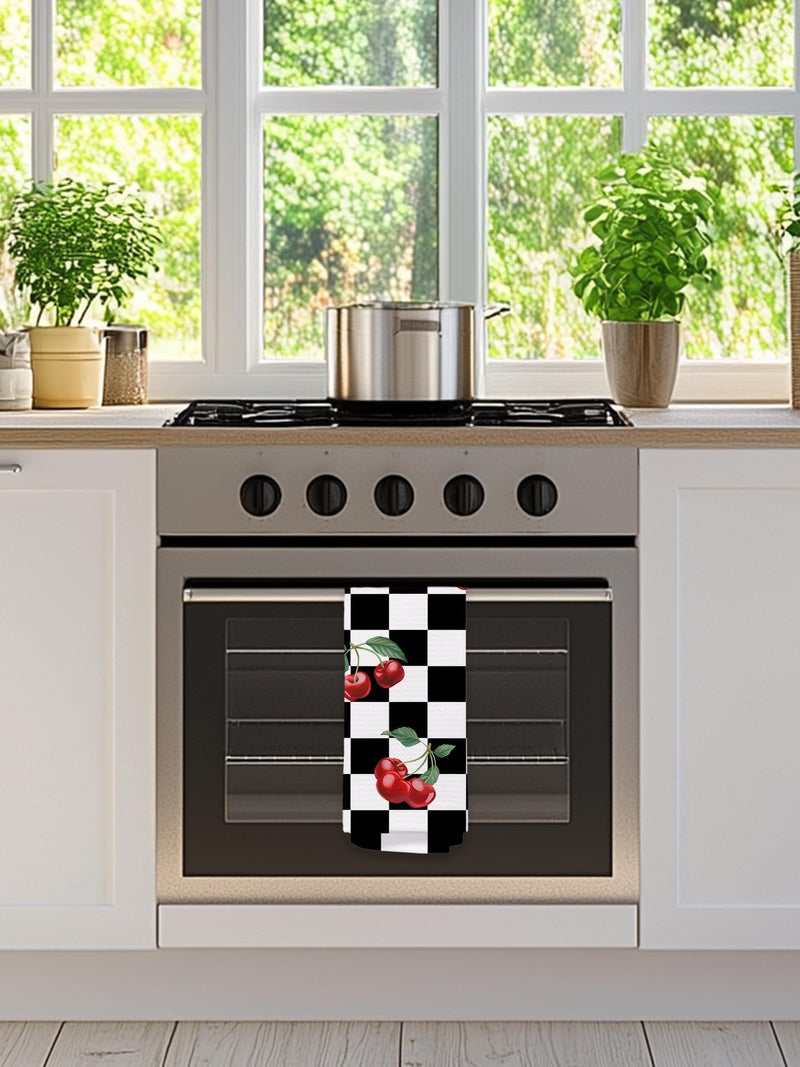 BitKan Cherry Hand Towels for Kitchen Bathroom - Retro Black and White Checkered Decorative Dish Tea Towels, Retro Plaid Cherry Kitchen Decor Accessories, Cherries Themed Housewarming Gifts New Home Idea - Image 3