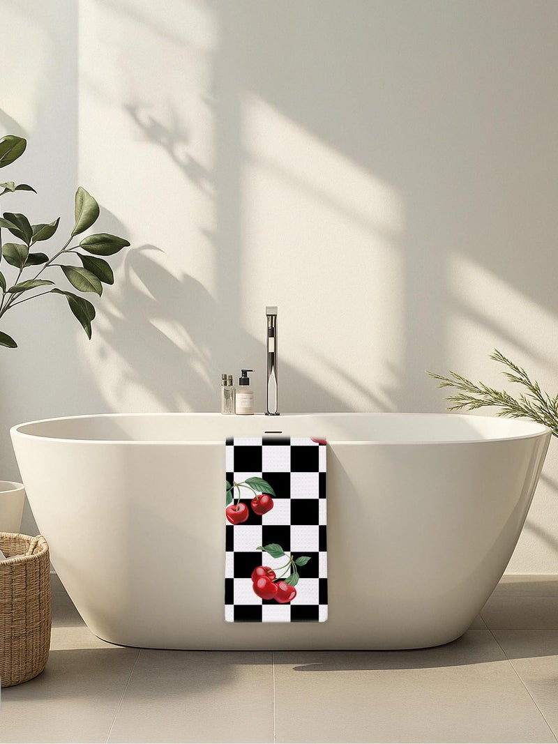 BitKan Cherry Hand Towels for Kitchen Bathroom - Retro Black and White Checkered Decorative Dish Tea Towels, Retro Plaid Cherry Kitchen Decor Accessories, Cherries Themed Housewarming Gifts New Home Idea - Image 4