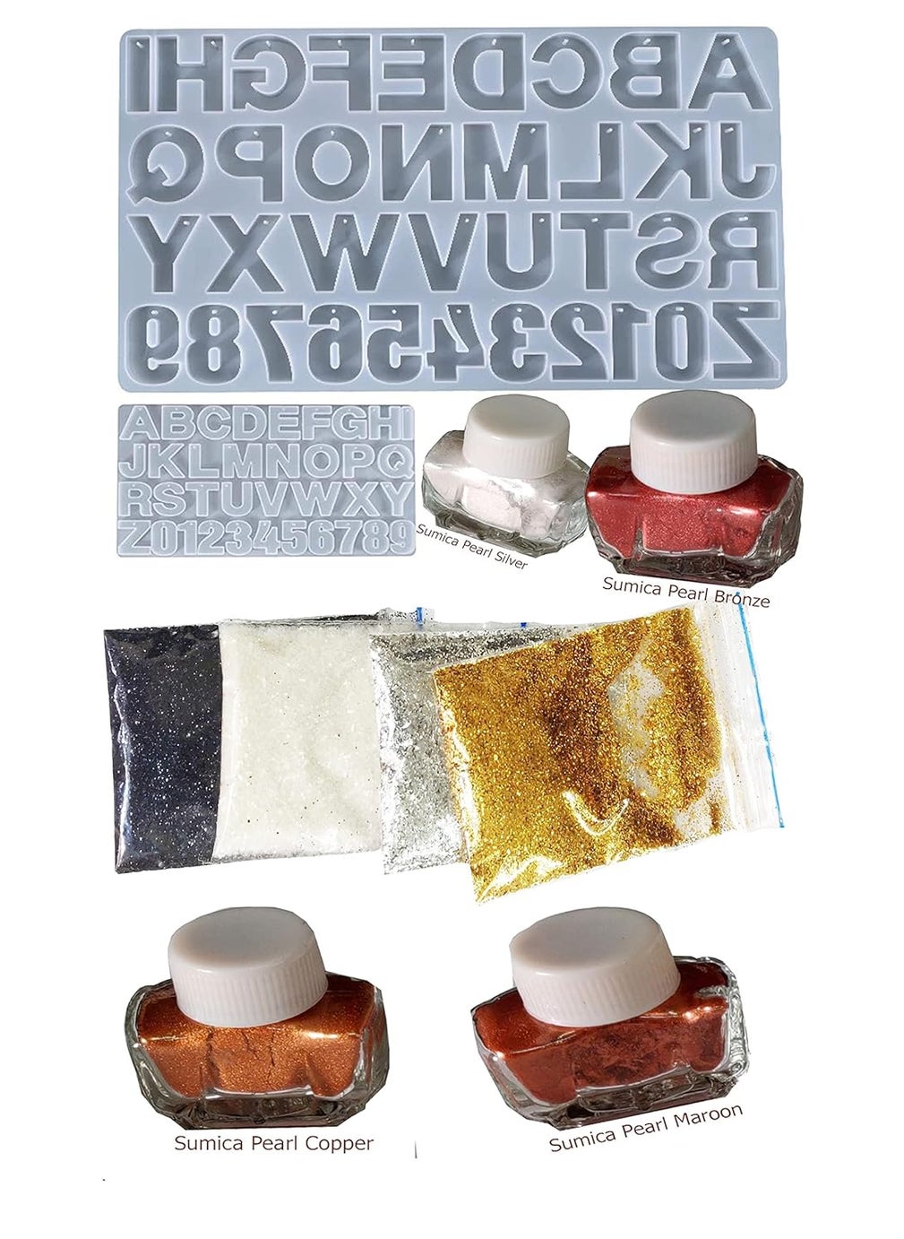 Snoogg SNOOGG Alphabet Resin Casting Mold, Letter and Numbers DIY Key Chain, Pendant, Jewelry Making Molds for Resin. with Built in Hole Enabler with 4 Metalic Pigment and 4 Col Glitter  - Image 1