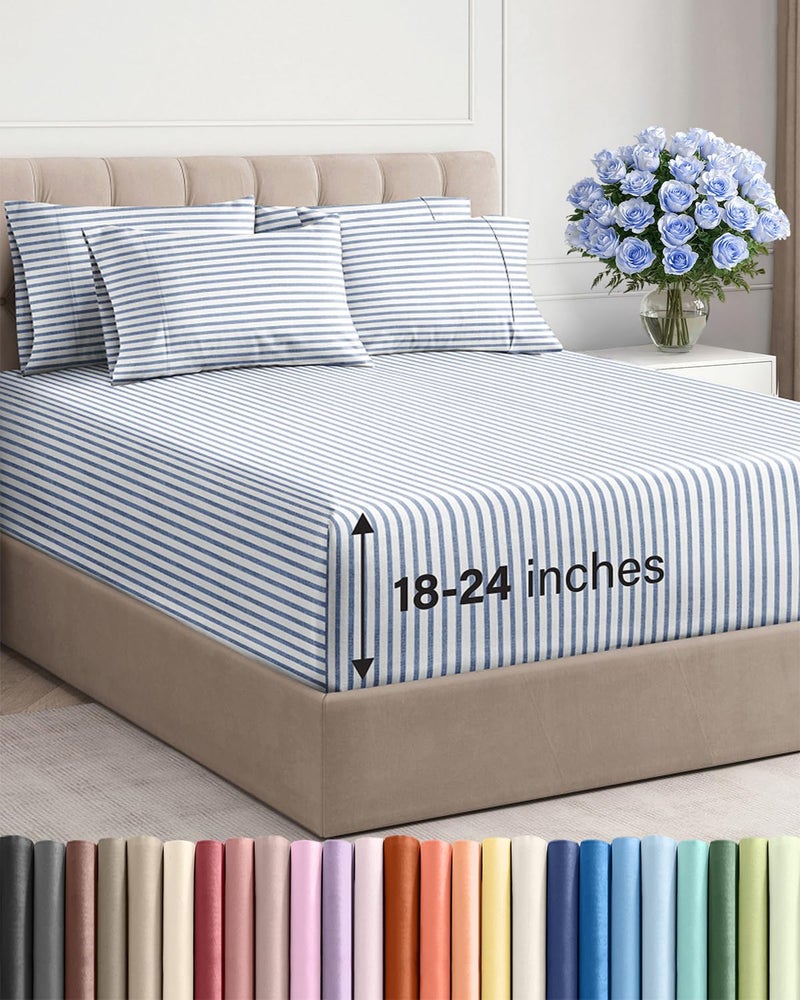CGK Unlimited Extra Deep Full Sheet Set - 6 Piece Breathable and Cooling Sheets - Hotel Luxury Bedding for Women, Men, Kids & Teens - Easy & Secure Fit - Soft and Wrinkle Free - Extra Deep Pockets - Blue Stripes - Image 1