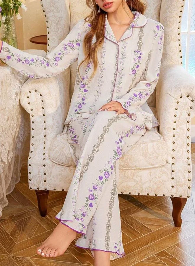 Take Two  Lilac Floral Print Shirt and Ruffle Hem Pyjama Set for Women | Best Price UAE