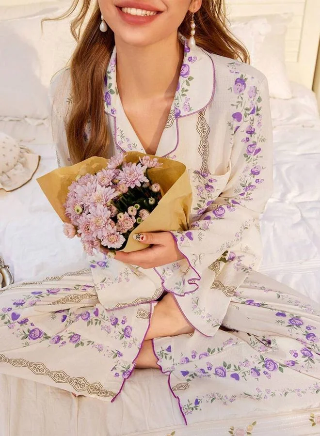 Take Two Lilac Floral Print Shirt and Ruffle Hem Pyjama Set