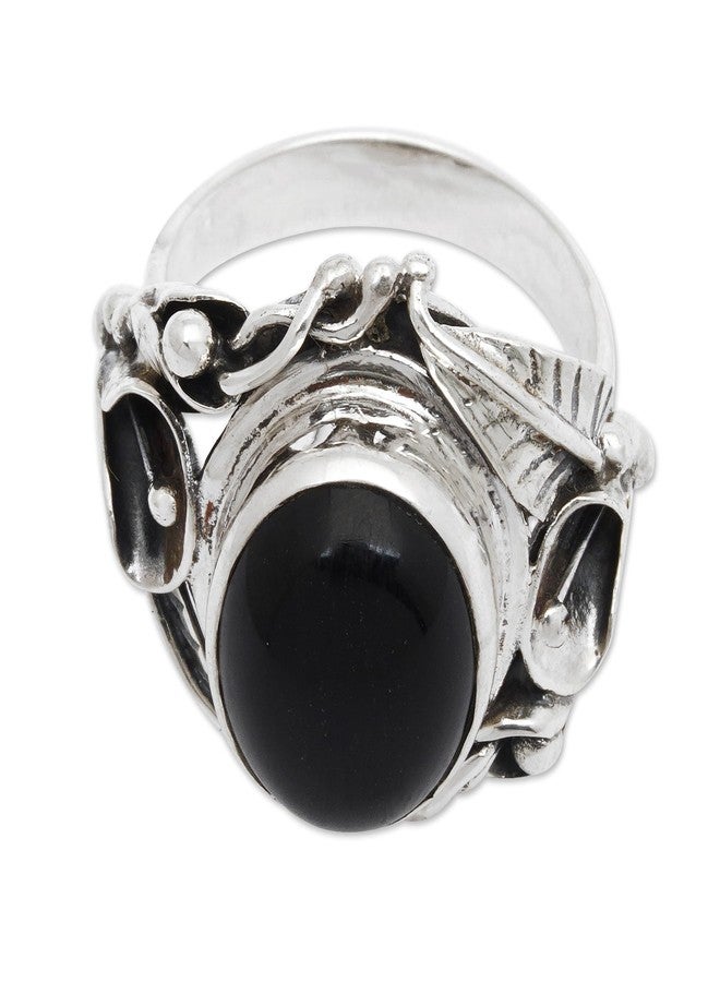 نوفيكا خاتم نوفيكا المصنوع يدويًا من العقيق الأسود على شكل زهرة، مصنوع من الفضة الإسترليني، بتصميم زهور، مرصع بحجر بخت إندونيسي أسود [إطار تاجي 0.7 بوصة ارتفاع × 0.3 بوصة عرض × 0.3 بوصة عمق، عرض السوار 0.1 بوصة] "عش الزنابق" - Image 3