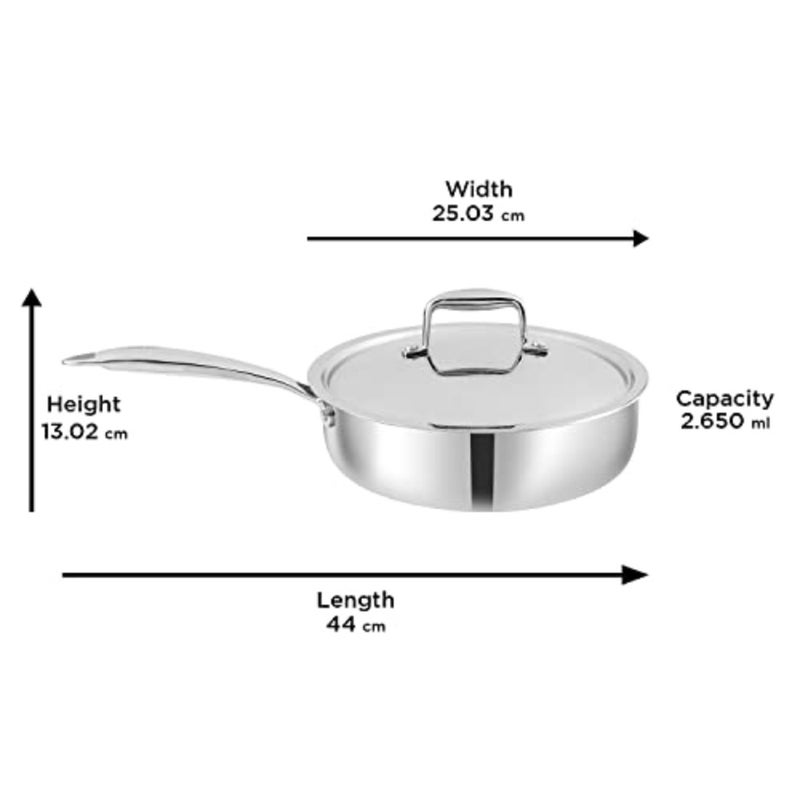 Platinum Tri ply Stainless Steel Induction Friendly Saute pan 2.6 Litre Fry Pan with SS Lid- 24 cm, Silver - Image 3
