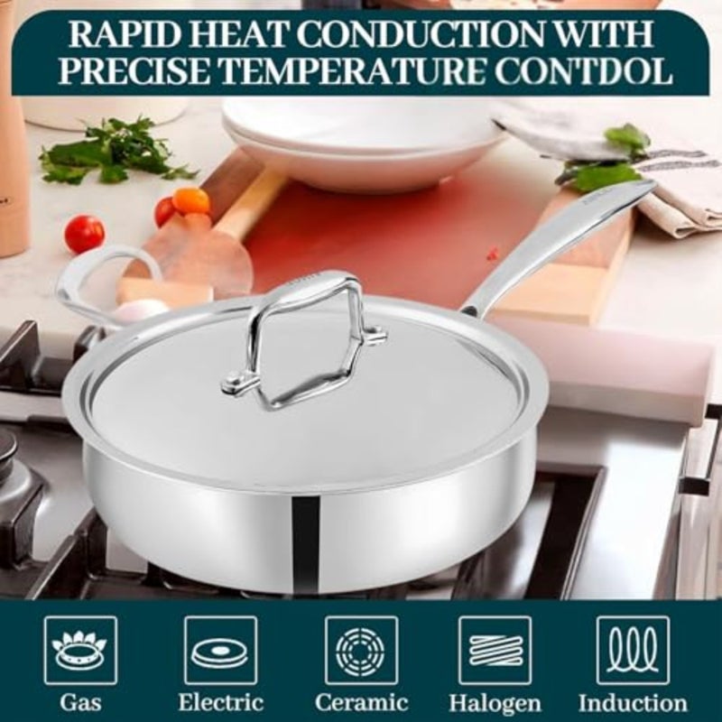 Platinum Tri ply Stainless Steel Induction Friendly Saute pan 2.6 Litre Fry Pan with SS Lid- 24 cm, Silver - Image 4