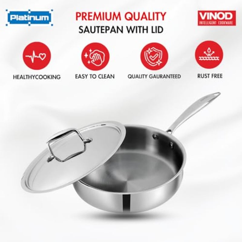 Platinum Tri ply Stainless Steel Induction Friendly Saute pan 2.6 Litre Fry Pan with SS Lid- 24 cm, Silver - Image 5