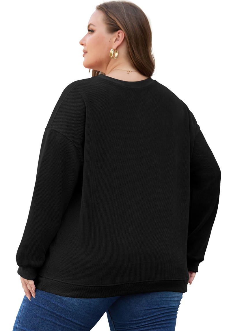 OLRIK Plus Size Sweatshirts for Women Corduroy Oversized Pullover with Kangaroo Pocket Fall Winter Clothes Crewneck Black-3X - Image 3