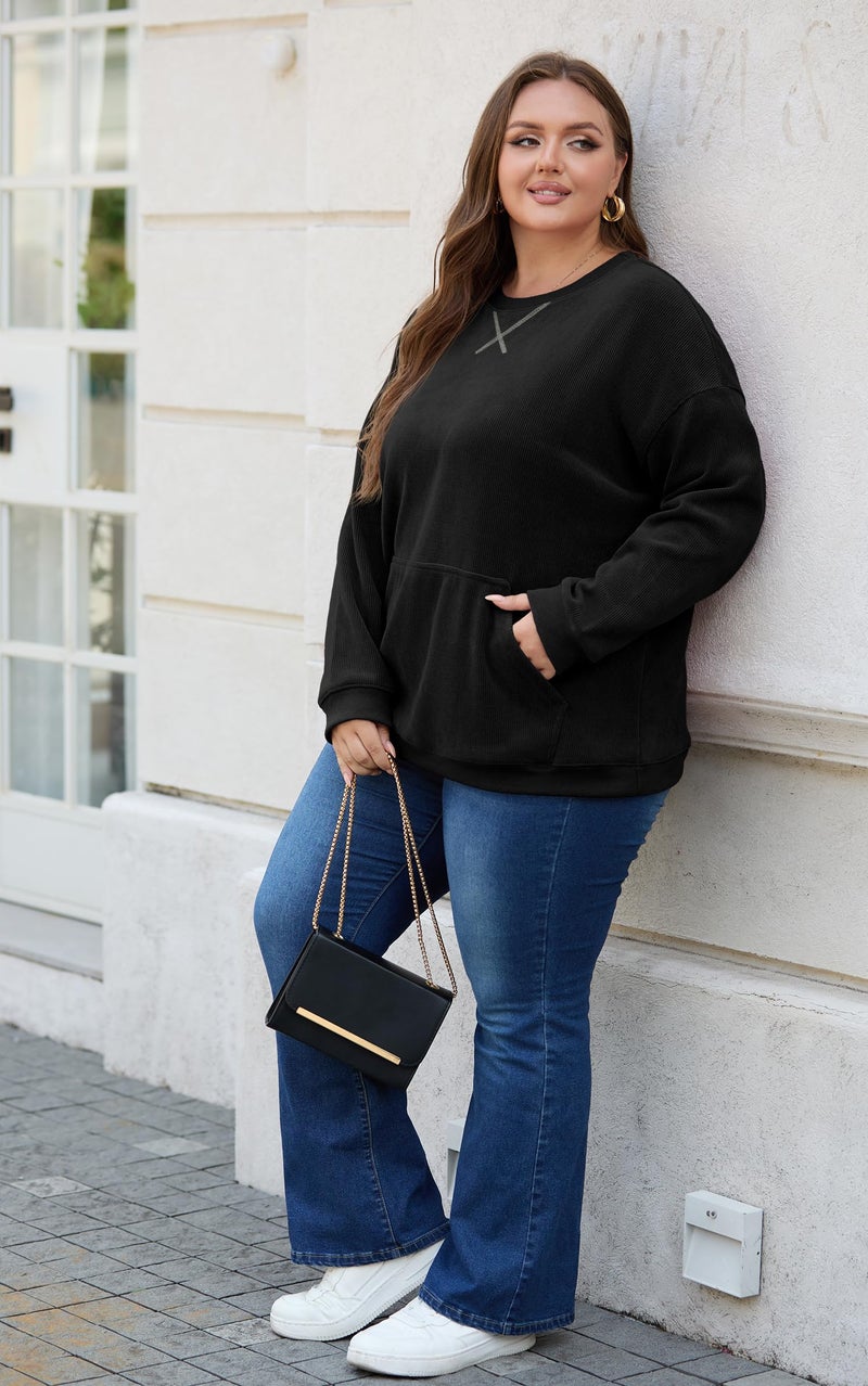 OLRIK Plus Size Sweatshirts for Women Corduroy Oversized Pullover with Kangaroo Pocket Fall Winter Clothes Crewneck Black-3X - Image 5