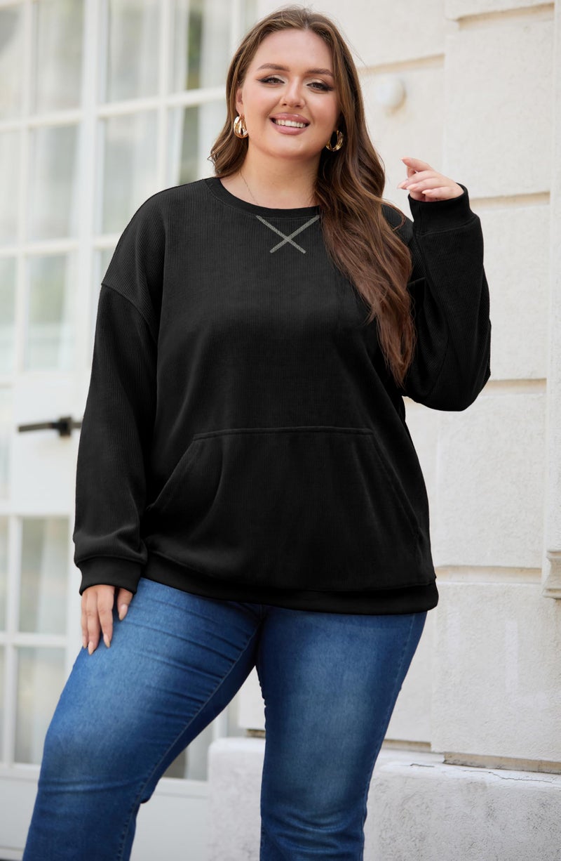 OLRIK Plus Size Sweatshirts for Women Corduroy Oversized Pullover with Kangaroo Pocket Fall Winter Clothes Crewneck Black-3X - Image 4