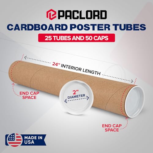 Paclord 2" x 24" Reinforced Kraft Paper Mailing Tube, (Case of 25) with 2 Caps for Each Tube – USPS Approved – Cardboard Mailer for Shipping and Storing Posters, Prints, Artwork, Documents - Image 2