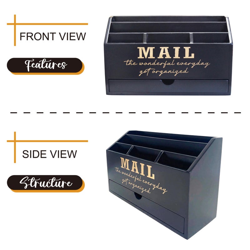 EXQUIDECA Wooden Black Rustic Countertop Mail Storage Holder with Drawer and Compartments - Office Desk Accessories and Workspace Organizers - Desktop Sorter for Pen Stationery Letter Files Documents - Image 3
