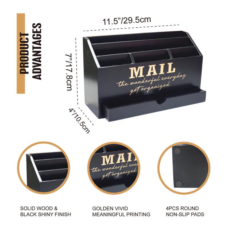 EXQUIDECA Wooden Black Rustic Countertop Mail Storage Holder with Drawer and Compartments - Office Desk Accessories and Workspace Organizers - Desktop Sorter for Pen Stationery Letter Files Documents - Image 2