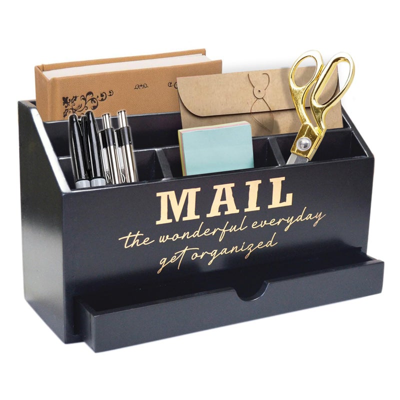 EXQUIDECA Wooden Black Rustic Countertop Mail Storage Holder with Drawer and Compartments - Office Desk Accessories and Workspace Organizers - Desktop Sorter for Pen Stationery Letter Files Documents - Image 5