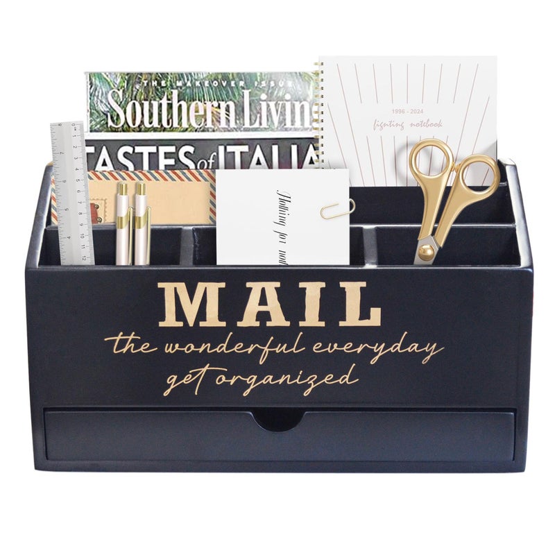 EXQUIDECA Wooden Black Rustic Countertop Mail Storage Holder with Drawer and Compartments - Office Desk Accessories and Workspace Organizers - Desktop Sorter for Pen Stationery Letter Files Documents - Image 1