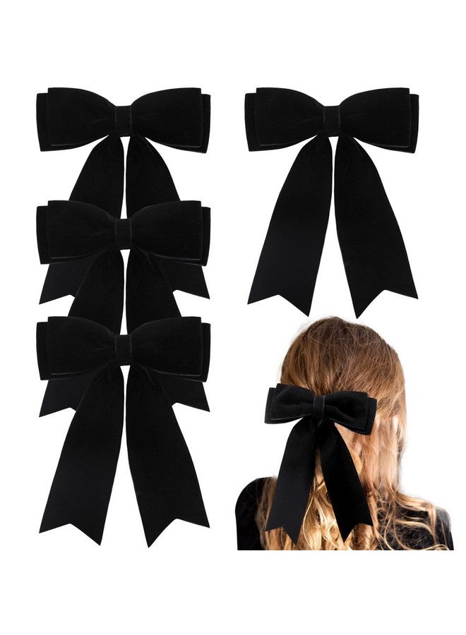 NCMAMA 4Pcs Velvet Hair Bows For Girls Black Hair Bow Clips Ponytail Long Ribbon Bows Hair Accessories For Women Girls Toddlers Infant (Black) - Image 2