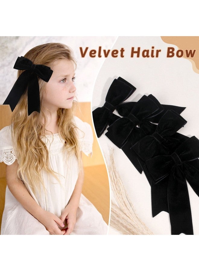 NCMAMA 4Pcs Velvet Hair Bows For Girls Black Hair Bow Clips Ponytail Long Ribbon Bows Hair Accessories For Women Girls Toddlers Infant (Black) - Image 3
