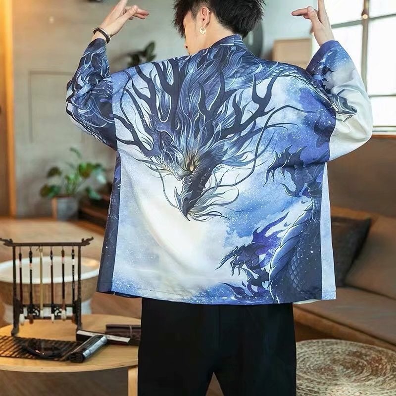 Trendy Korean Summer Mens Open Cardigan with Dragon Print 31 Hornosaurus  - Image 1