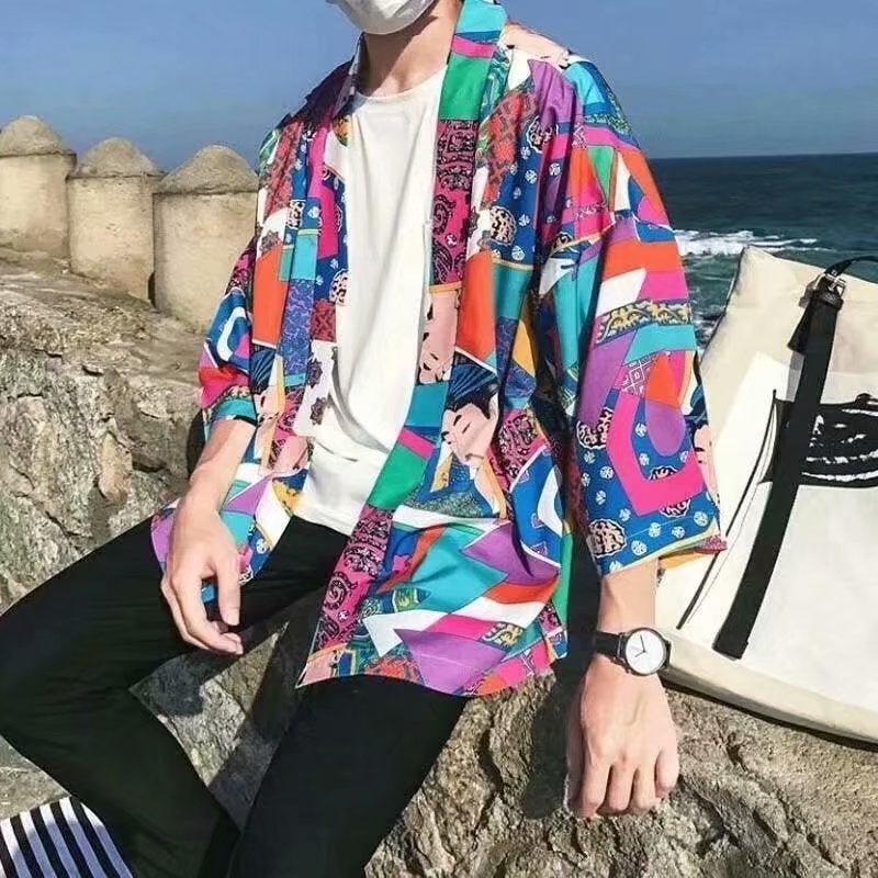Trendy Korean Summer Mens Open Cardigan with Dragon Print 31 Hornosaurus  - Image 5