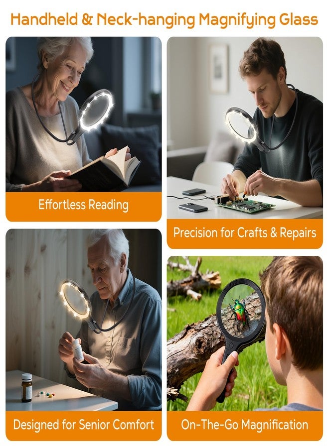 Glowtop Hands Free & Handheld 10X/5X Magnifying Glass, Rechargeable 30 LED with 3 Light Modes for Seniors with Low Vision, Reading, Crafting (Black) - Image 3