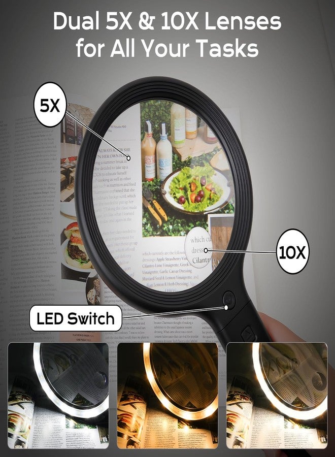 Glowtop Hands Free & Handheld 10X/5X Magnifying Glass, Rechargeable 30 LED with 3 Light Modes for Seniors with Low Vision, Reading, Crafting (Black) - Image 2