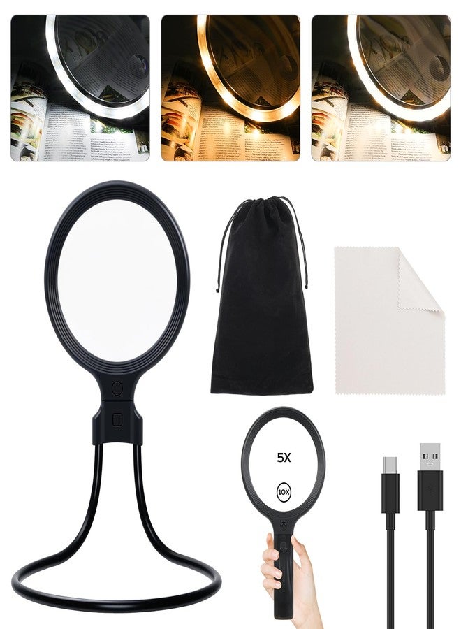 Glowtop Hands Free & Handheld 10X/5X Magnifying Glass, Rechargeable 30 LED with 3 Light Modes for Seniors with Low Vision, Reading, Crafting (Black) - Image 1