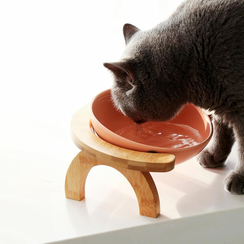 Pet Feeding Bowl Set Raised Wooden Stand 300ml Slanted White Cat Food Dish Anti-Spill Feeder Suitable for Cats and Small Pets - Image 4