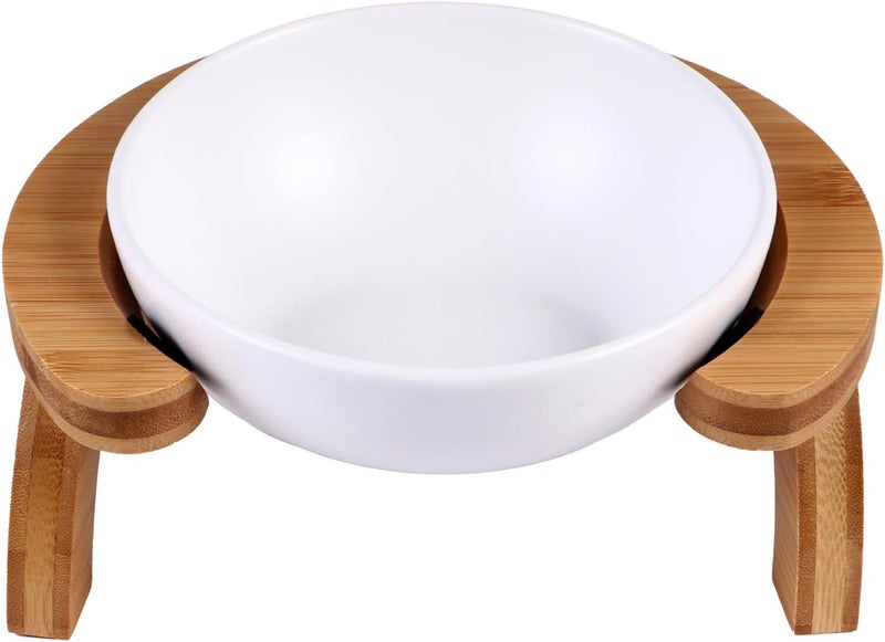 Pet Feeding Bowl Set Raised Wooden Stand 300ml Slanted White Cat Food Dish Anti-Spill Feeder Suitable for Cats and Small Pets - Image 1