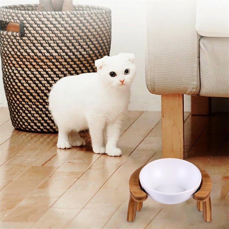 Pet Feeding Bowl Set Raised Wooden Stand 300ml Slanted White Cat Food Dish Anti-Spill Feeder Suitable for Cats and Small Pets - Image 5