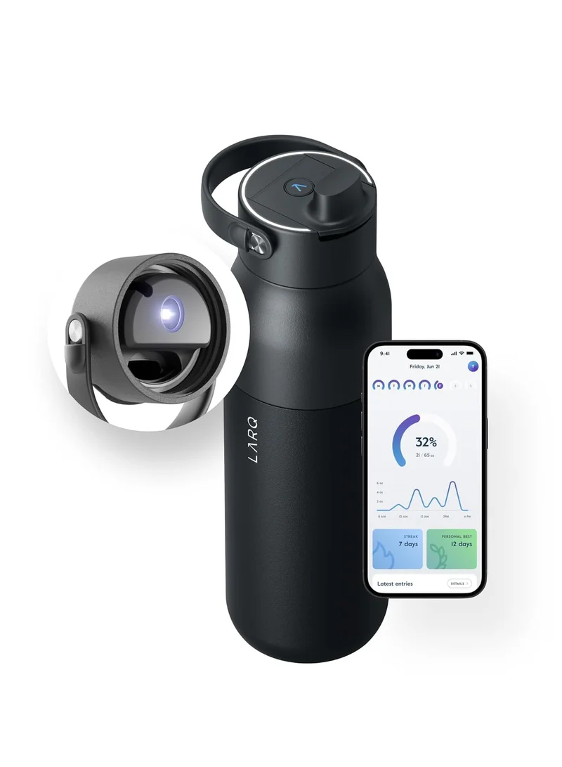 لارك LARQ Bottle PureVis 2 34 oz - UV Water Purifier with Self-Cleaning + App Hydration Tracking, Insulated Stainless Steel Water Bottle | Reusable & Travel Friendly, 1-Year Warranty, Obsidian Black
