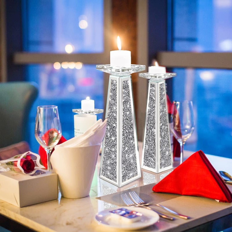 Wocred 2 Piece Candlestick Holders for Holding Pillar Candles, Crystal Crushed Diamond Candle Holders Set Decor for Dinning Room, Silver Glass Votive Candle Holders for Table Centerpiece(12â€) - Image 4