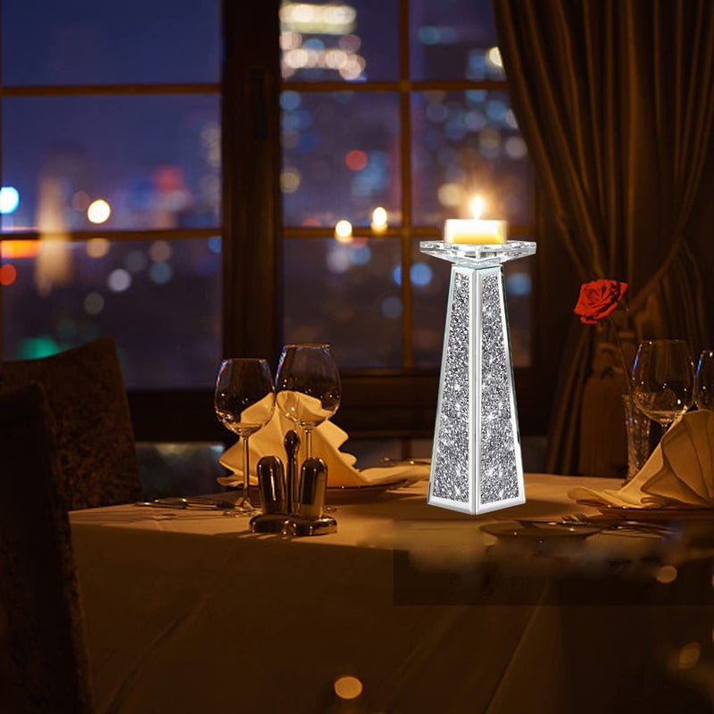 Wocred 2 Piece Candlestick Holders for Holding Pillar Candles, Crystal Crushed Diamond Candle Holders Set Decor for Dinning Room, Silver Glass Votive Candle Holders for Table Centerpiece(12â€) - Image 3