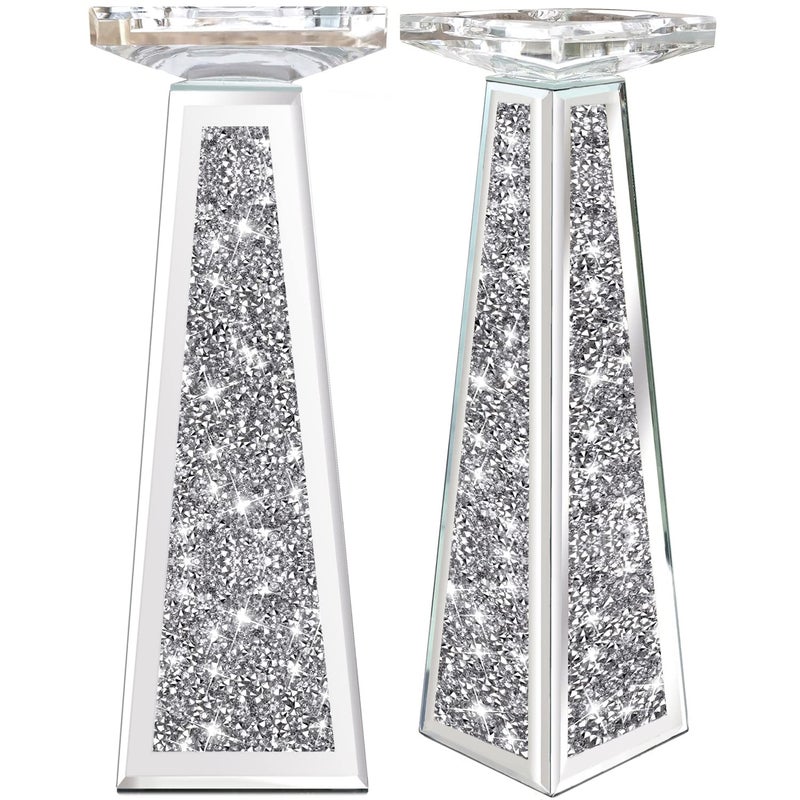 Wocred 2 Piece Candlestick Holders for Holding Pillar Candles, Crystal Crushed Diamond Candle Holders Set Decor for Dinning Room, Silver Glass Votive Candle Holders for Table Centerpiece(12â€) - Image 2