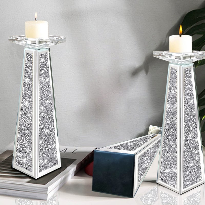 Wocred 2 Piece Candlestick Holders for Holding Pillar Candles, Crystal Crushed Diamond Candle Holders Set Decor for Dinning Room, Silver Glass Votive Candle Holders for Table Centerpiece(12â€) - Image 5