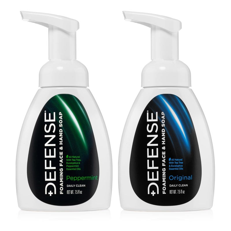 Defense Liquid Foaming Face & Hand Soap, Original + Peppermint 7.5 Fl Oz Combo with Tea Tree, Eucalyptus, Jojoba, Aloe Vera, Olive & Coconut Oils