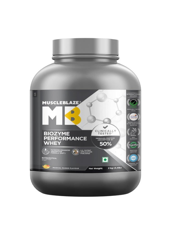 مسل بلايز مسحوق بروتين مصل اللبن MuscleBlaze Biozyme Performance - نكهة المانجو الساحرة (2 كجم / 4.4 رطل) | 25 جم بروتين لكل مكيال | مثبت سريرياً: امتصاص بروتين أعلى بنسبة 50% - Image 1