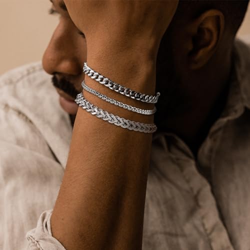 DAYANEY 3 PCS Mens Bracelet Silver Bracelets for Men Set Waterproof Stainless Steel Men Jewelry, Adjustable Cuban Chain Bracelet Gifts for Boyfriend, Dad and Son as Halloween Gifts Pulseras Para Hombres Stocking Stuffers - Image 2