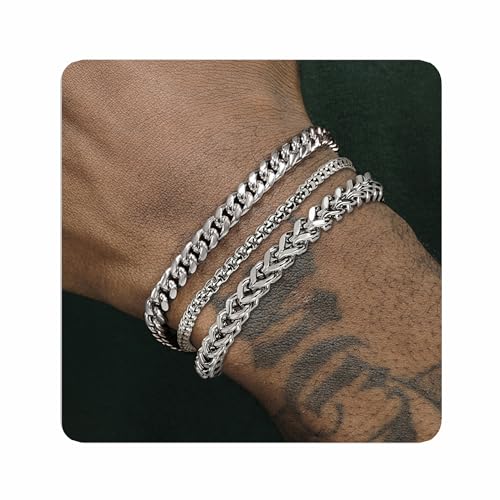 DAYANEY 3 PCS Mens Bracelet Silver Bracelets for Men Set Waterproof Stainless Steel Men Jewelry, Adjustable Cuban Chain Bracelet Gifts for Boyfriend, Dad and Son as Halloween Gifts Pulseras Para Hombres Stocking Stuffers - Image 1