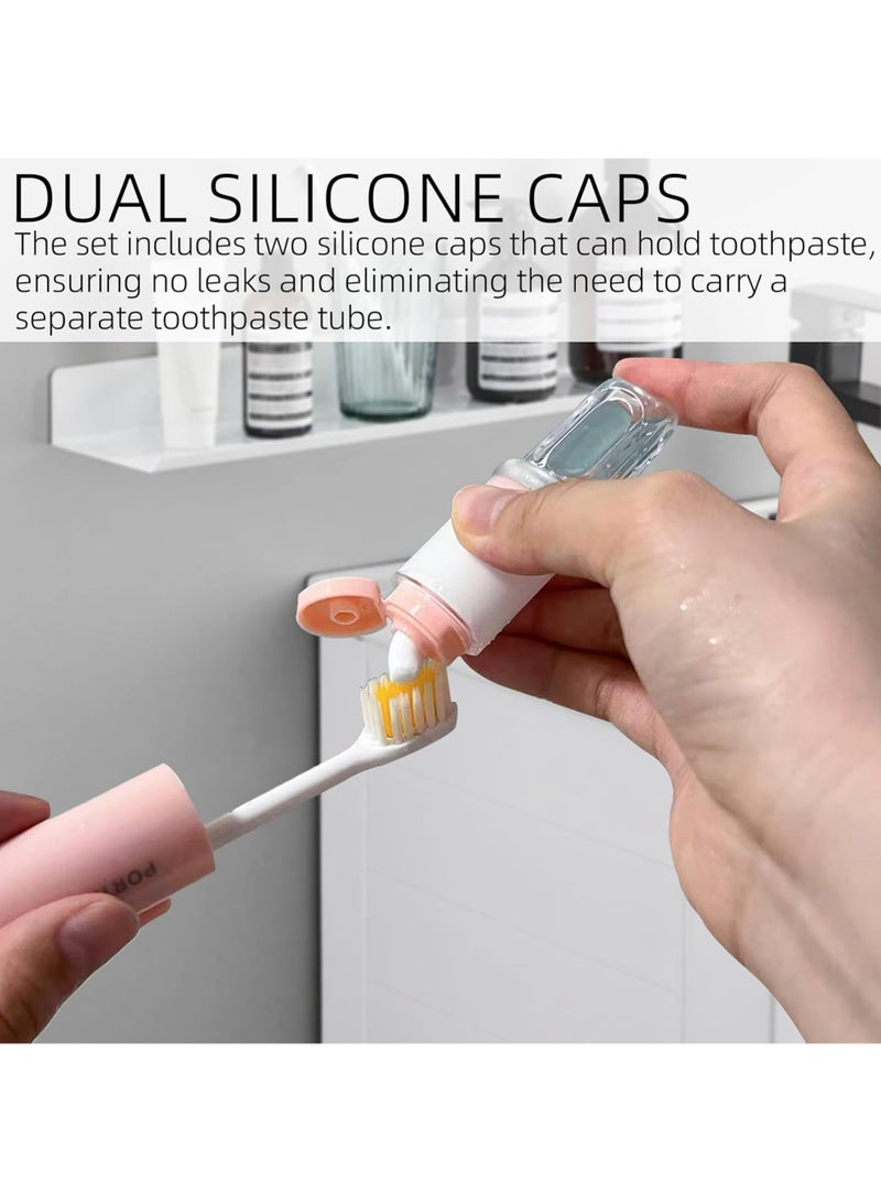 مجموعة فرشاة أسنان صغيرة قابلة للطي - فرشاة أسنان محمولة 2 في 1 مع علبة وصندوق لمعجون الأسنان، رؤوس فرش قابلة للطي والاستبدال، مناسبة للمنزل، السفر، النشاطات الخارجية، المشي، التخييم، مجموعتان (وردي وبيج) - Image 2