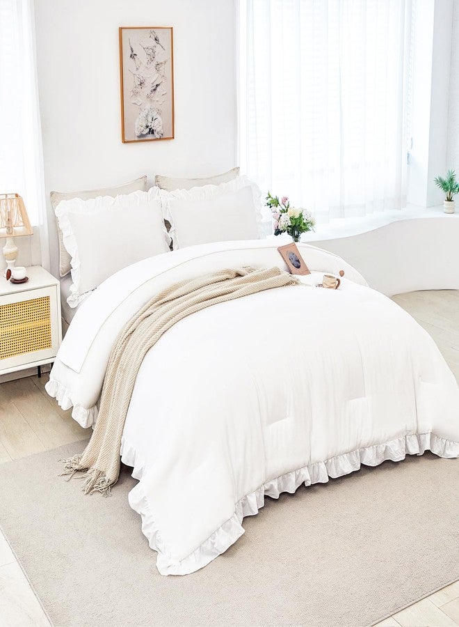 ANGIYUIN 5 Pieces White Full Size Bed in A Bag for Kids Girls Ruffle Bedding Sets Solid Ruffled Comforter Set Vintage Farmhouse Bedding Comforter Sets with Sheets(White Full) - Image 2