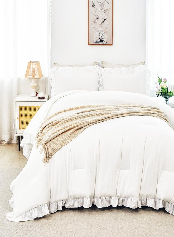 ANGIYUIN 5 Pieces White Full Size Bed in A Bag for Kids Girls Ruffle Bedding Sets Solid Ruffled Comforter Set Vintage Farmhouse Bedding Comforter Sets with Sheets(White Full) - Image 3