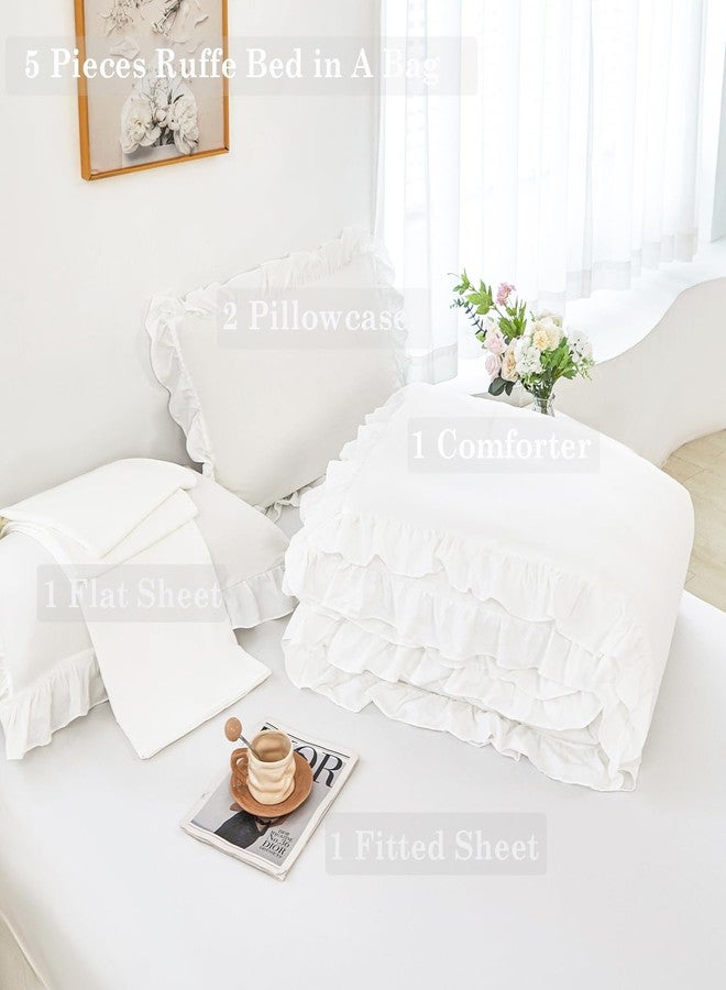 ANGIYUIN 5 Pieces White Full Size Bed in A Bag for Kids Girls Ruffle Bedding Sets Solid Ruffled Comforter Set Vintage Farmhouse Bedding Comforter Sets with Sheets(White Full) - Image 4